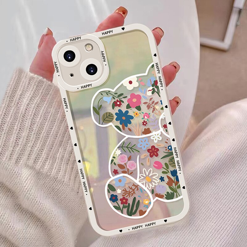 Reflective Laser Cute Bear Flower Phone Case