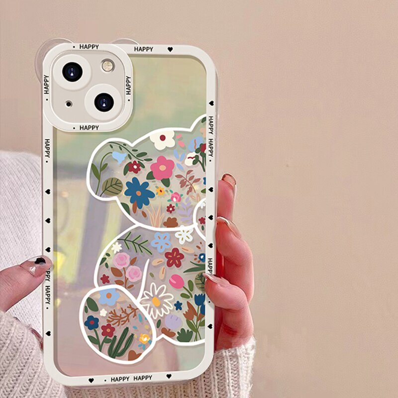 Reflective Laser Cute Bear Flower Phone Case