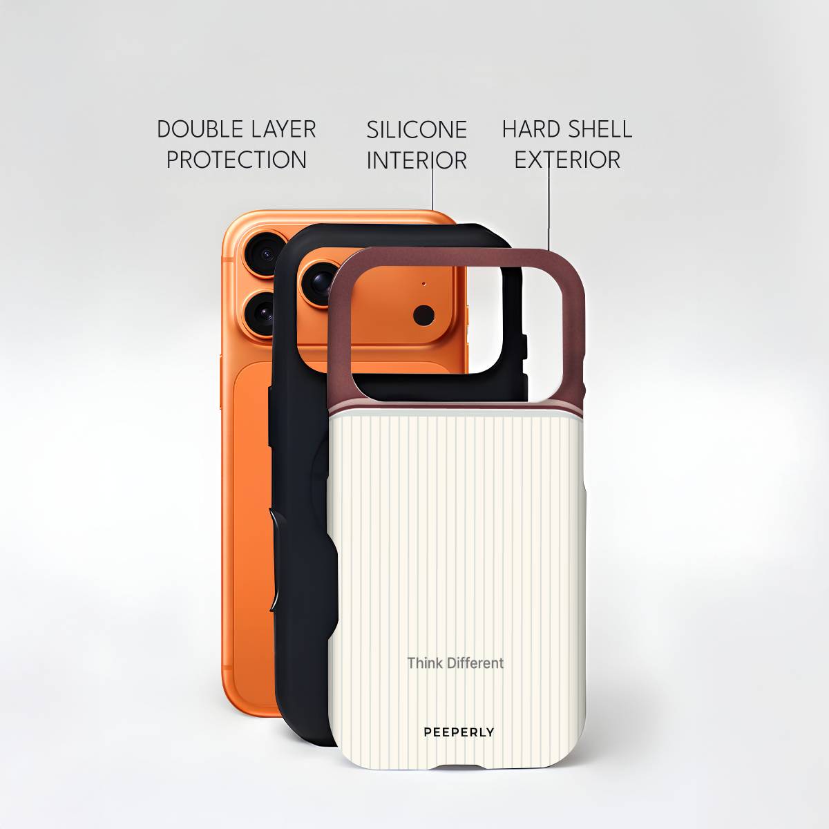 Think Different Crystal Series phone case for iPhone showing double layer protection with silicone interior and hard shell exterior