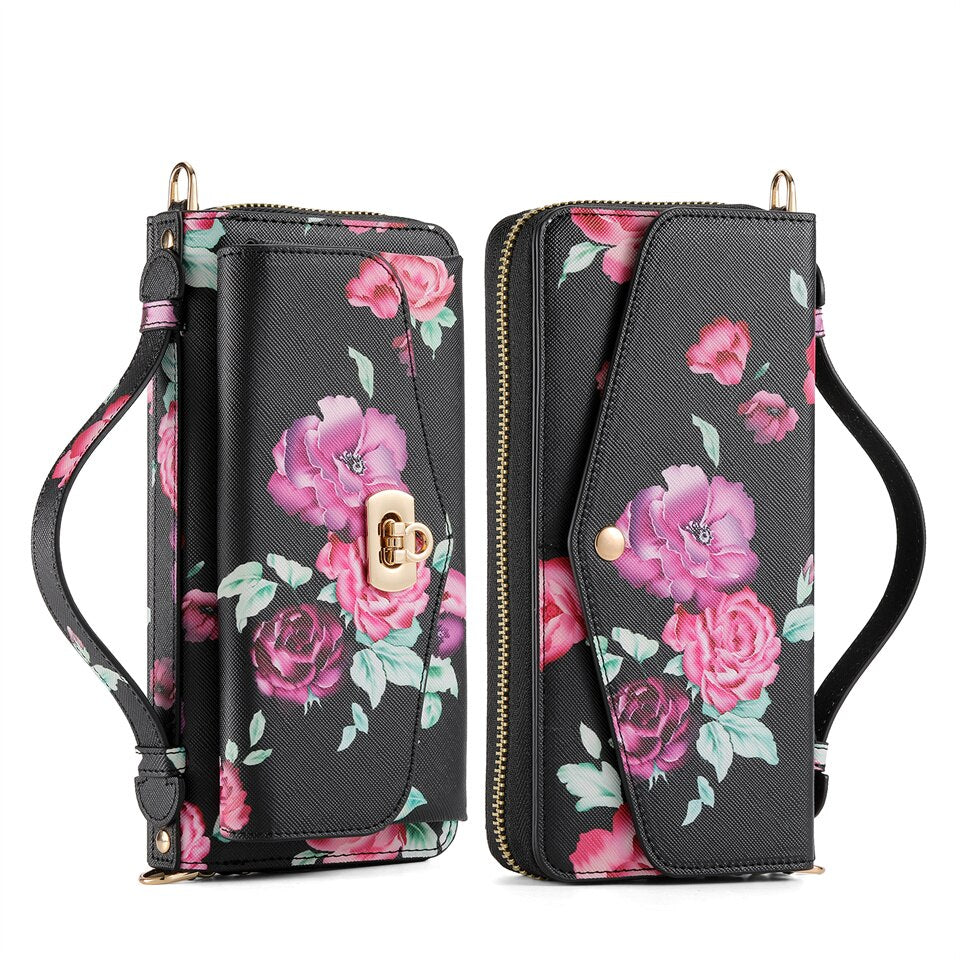 Flower Embellished Zipper Purse and Wallet Duo Case