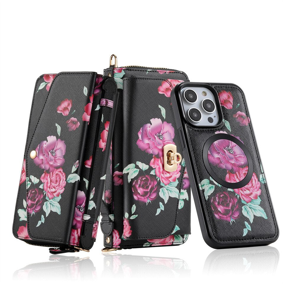 Flower Embellished Zipper Purse and Wallet Duo Case